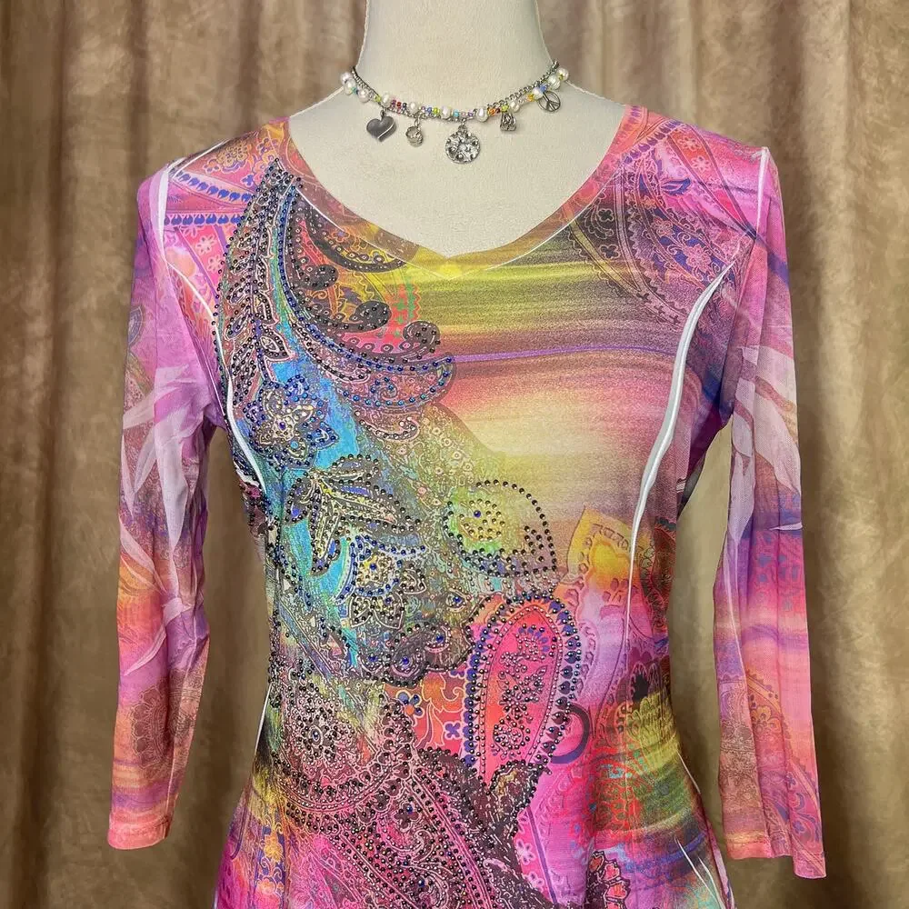 Vintage Y2K Boho Top Rhinestone Mesh Paisley Floral 3/4 Sleeve Ruffled Rainbow - Picture 9 of 10